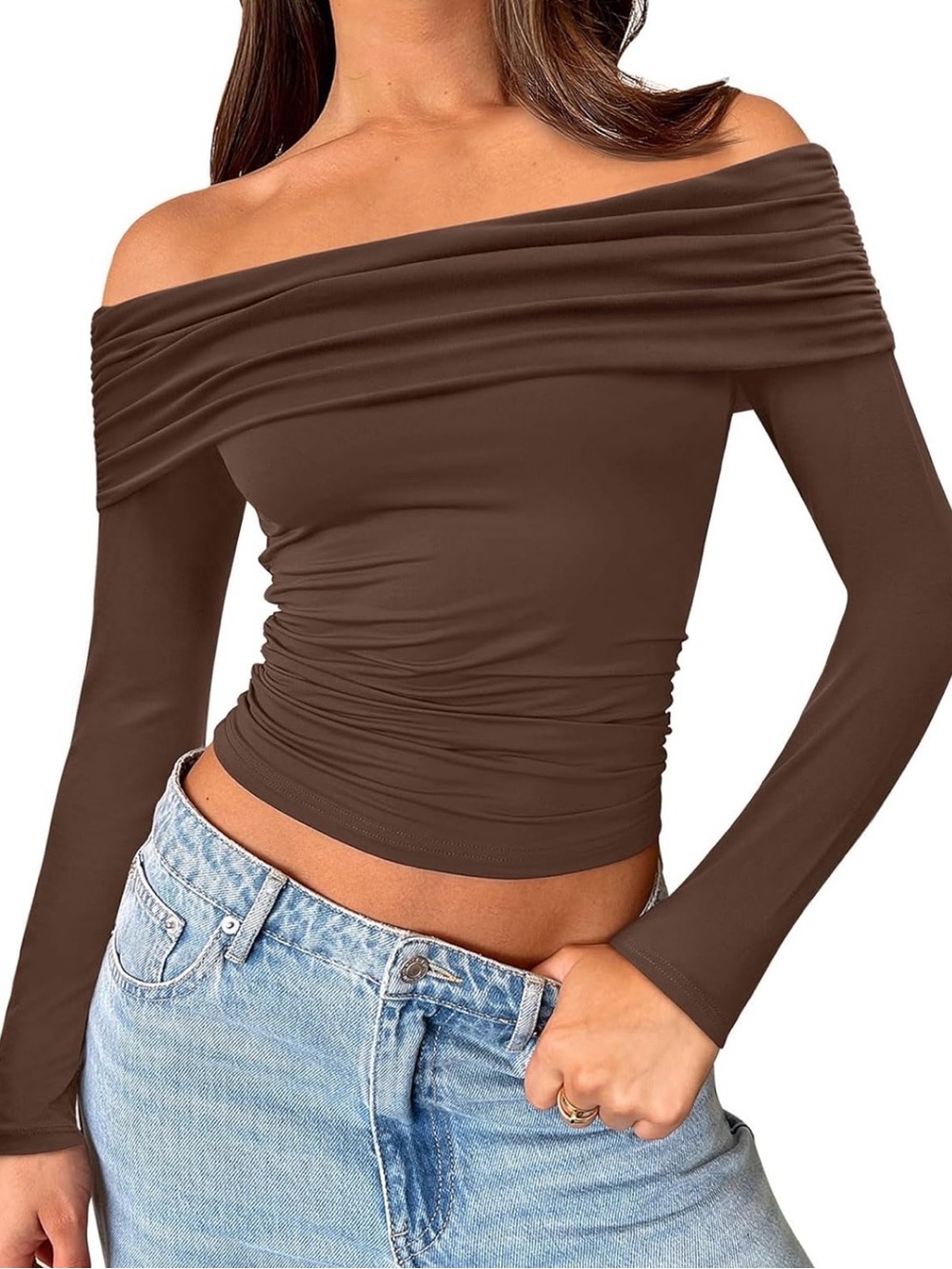 Off-Shoulder Brown Long Sleeve Women's Top